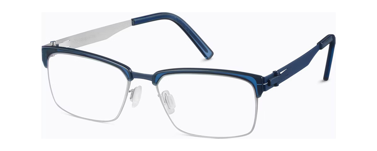 Rectangular eyeglasses with blue accents, silver metal temples, and modern lightweight construction - mcculley optix gallery