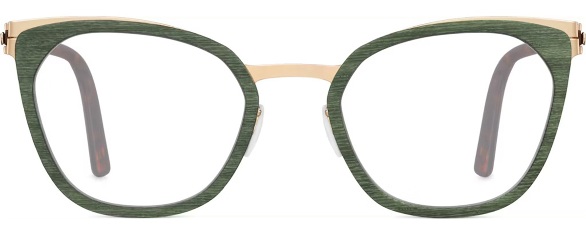 Green wood-accent eyeglasses with gold bridge detailing – mcculley optix gallery
