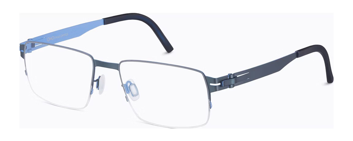 Blue and silver lightweight rectangular eyeglass frames with modern hinges – mcculley optix gallery