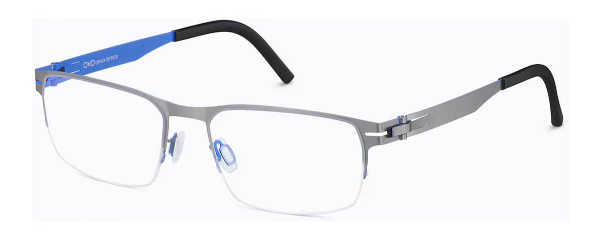 Gray metal eyeglasses with blue temple accents and adjustable nose pads – mcculley optix gallery